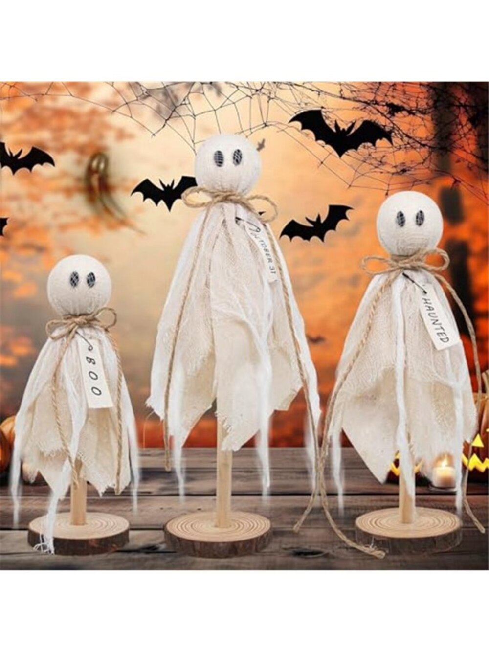 Wooden Ghost Halloween Decorations Indoor– Set of 3 Sizes Rustic Shelf Sitters